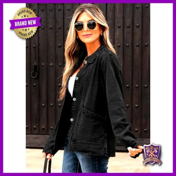 Oversized Denim Jacket Button Down Ruffled Shacket Y2K Retro Chic Casual